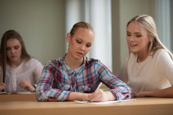 Meninas estudante estão sentados em uma mesa — Fotografia de Stock