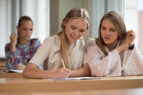 Meninas estudante estão sentados em uma mesa — Fotografia de Stock