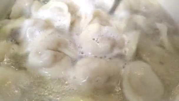 饺子在沸水中煮沸 勺子轻轻搅拌它们 — 图库视频影像