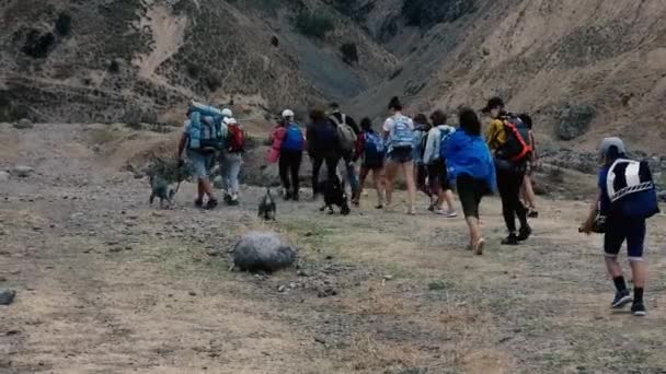 Grupo Pessoas Vai Para Montanhas Longo Desfiladeiro Caminhadas Nas Montanhas — Vídeo de Stock