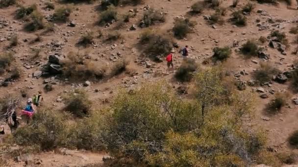 Grupo Turistas Está Caminando Por Las Montañas Escalan Lado Montaña — Vídeo de stock