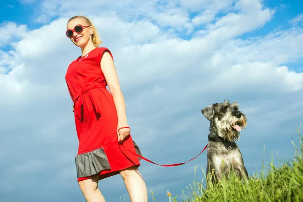 Trendy Smiling Middle Aged Woman Red Dress Walking Nature Her — Stock Photo, Image