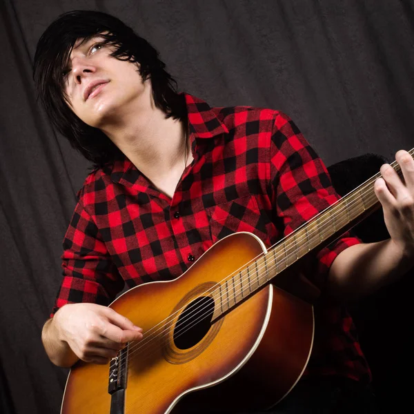 Black Hair Young Guy Teenage Boy Red Plaid Shirt Playing — Stock Photo, Image