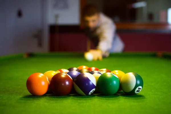 Colorful Billiard Pool Balls Snooker Game Green Billiard Table Starting — Stock Photo, Image