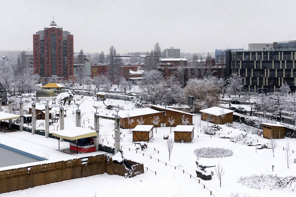 Snowy cityscape about the Novi Sad city in Serbia at winter.