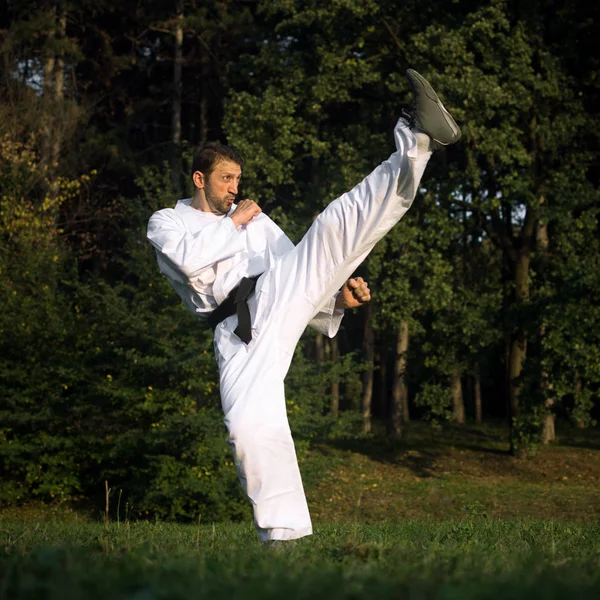 Man White Kimono Black Belt Practicing Martial Arts Doing High — Stock Photo, Image