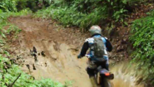 Two Riders Going Water Hole Really Fast Wet Mud Water — Stock Video