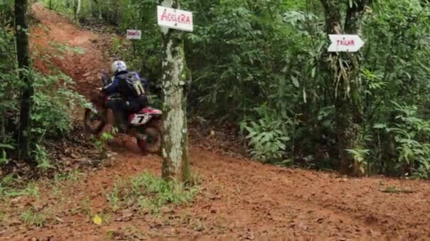 Una Moto Tierra Tratando Subir Montón Lodo Húmedo Fracasa Vuelve Vídeo De Stock