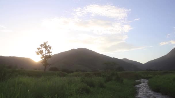 Pôr Sol Uma Área Rural Com Pequeno Rio Lado — Vídeo de Stock