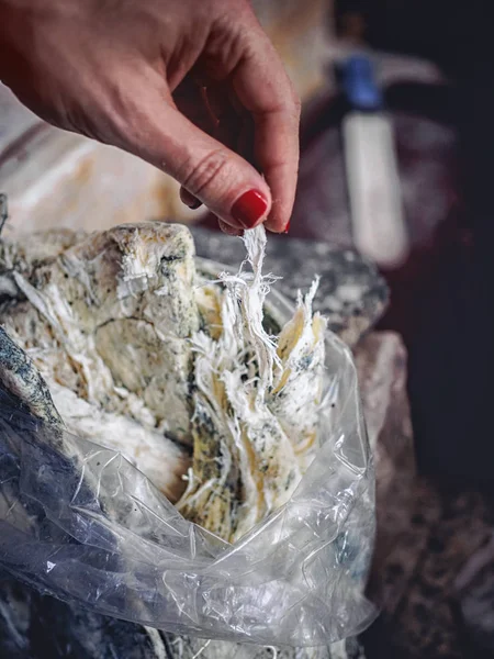 Yapımı Kalıp Chechil Peynir Yırtılma Kadın Görüntüsünü Kırpılmış — Stok fotoğraf