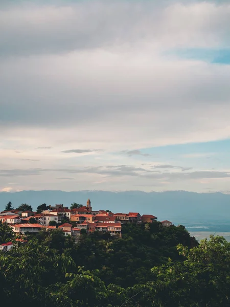 Wunderschöne Stadt auf einem Hügel in Georgien, blauer Himmel mit Wolken — Stockfoto