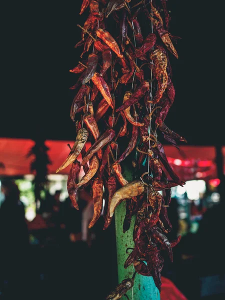 Dried organic chili peppers hanging on threads at georgian market — Stock Photo