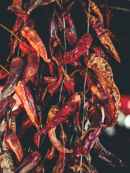 Nahaufnahme von getrockneten Bio-Chilischoten, die auf dem georgischen Markt an Fäden hängen — Stockfoto
