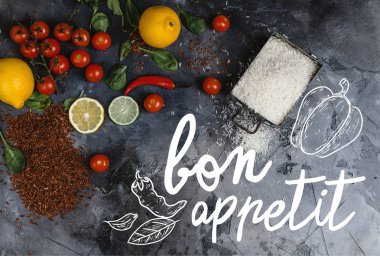 top view of raw rice in container, spices and vegetables on scratched grey surface, bon appetit lettering clipart