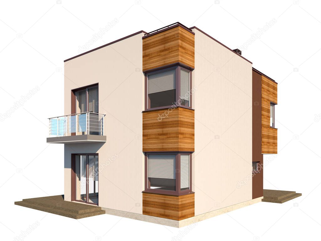 High-quality architectural visualization of a modern house with a flat roof with an attached garage. The facade of the house is made in plaster with decorative inlays of wood. The image of the house isolated on white background