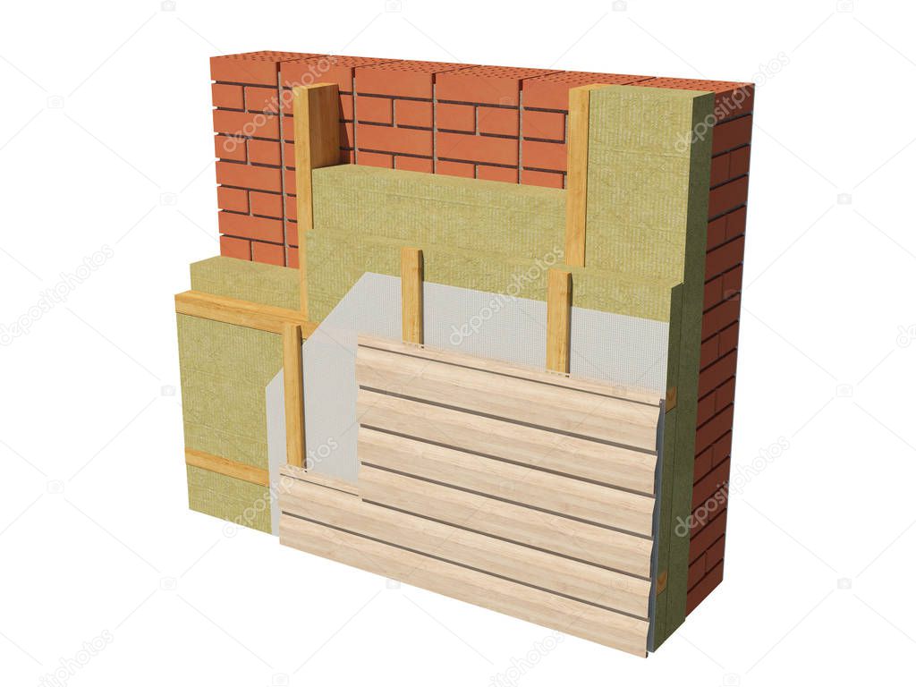 3d render image of insulated brick house wall. Detailed concept of insulation, showing all layers.