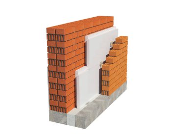 3D render görüntüsünü xps yalıtımlı tuğla ev duvar. Detaylı tüm katmanları gösteren izole, kavramı.