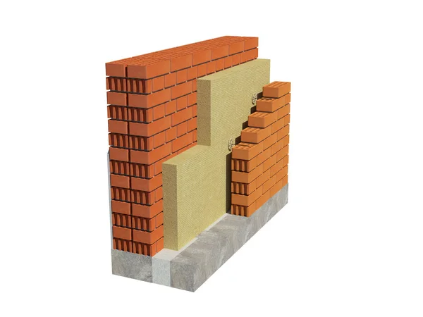 yalıtımlı tuğla ev duvar 3D render görüntüsü. Detaylı tüm katmanları gösteren izole, kavramı.
