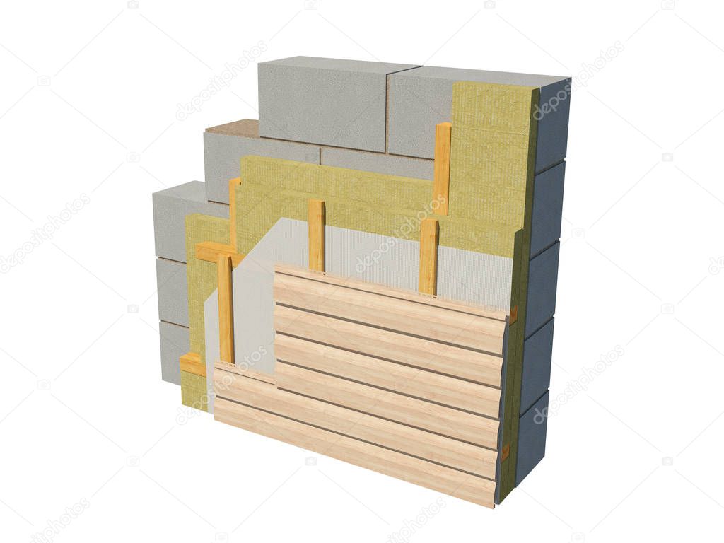 3d rendering image of insulated block house wall. Detailed concept of insulation, showing all layers.