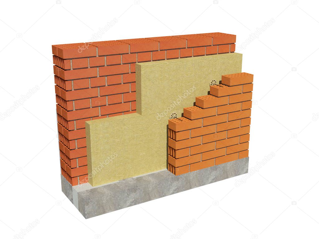 3d rendering image of insulated brick house wall. Detailed concept of insulation, showing all layers.