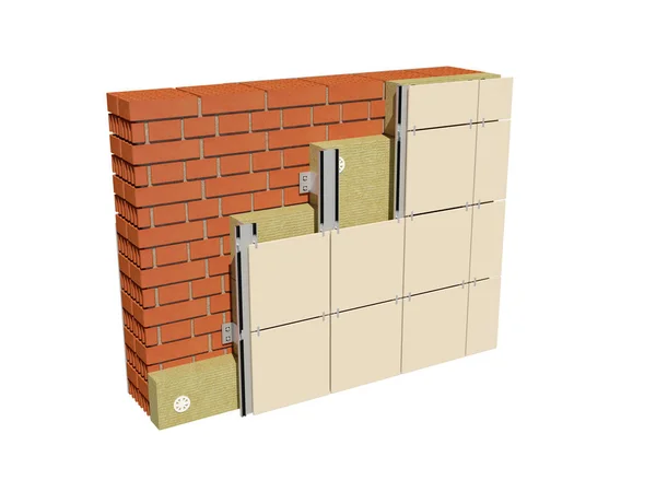 yalıtılmış ev duvar havalandırılmış cephe ile 3D render görüntüsü. Detaylı tüm katmanları gösteren izole, kavramı.