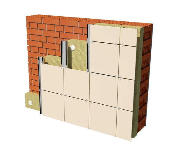 yalıtılmış ev duvar havalandırılmış cephe ile 3D render görüntüsü. Detaylı tüm katmanları gösteren izole, kavramı.