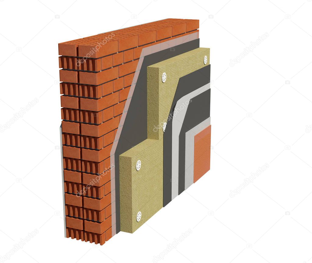 3d render image of insulated house wall. Detailed concept of insulation, showing all layers.