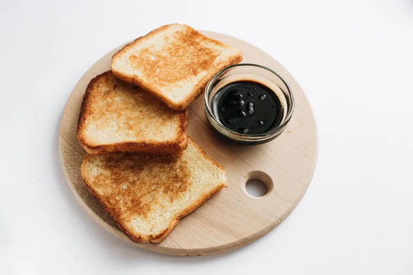 Crispy Toasts Jam Wooden Board — Stock Photo, Image