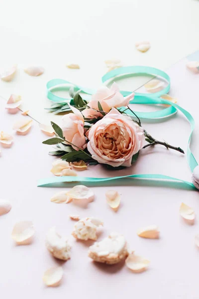 Hermosas Flores Peonía Cinta Tarjeta Blanco Sobre Fondo Rosa — Foto de Stock