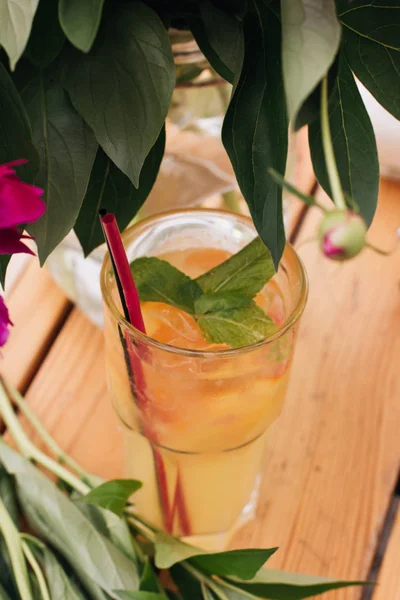 ahşap masa üzerinde lezzetli tropikal kokteyl ile nane yaprakları