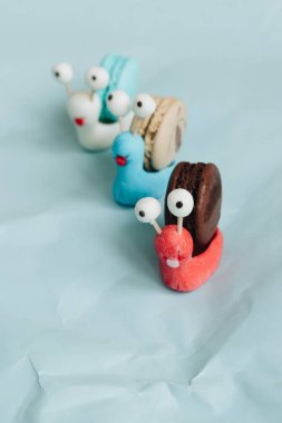 yaratıcı salyangoz süslemeleri ile mavi masada lezzetli macaroons