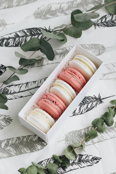 tabloda yeşil dallar ile lezzetli macaroons bileşimi 