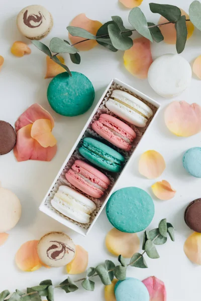 kompozisyon yuvarlak hediye kutusunda, tatlı tatlı lezzetli macaroons 