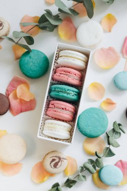 kompozisyon yuvarlak hediye kutusunda, tatlı tatlı lezzetli macaroons 