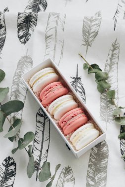 tabloda yeşil dallar ile lezzetli macaroons bileşimi 