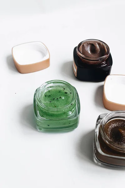Auswahl Verschiedener Marmeladen Kleinen Gläsern Auf Weißem Hintergrund Ansicht Von — Stockfoto