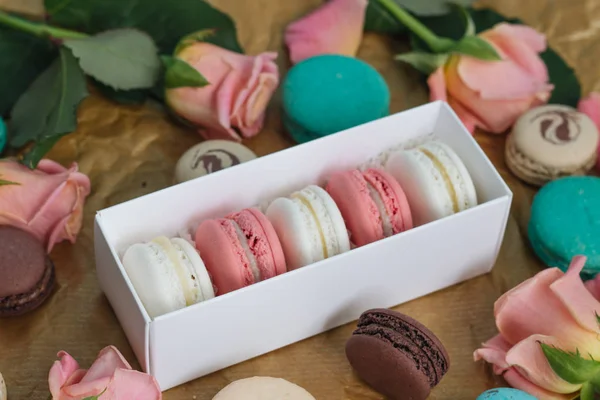 Composition Delicious Macaroons Gift Box Sweet Dessert — Stock Photo, Image