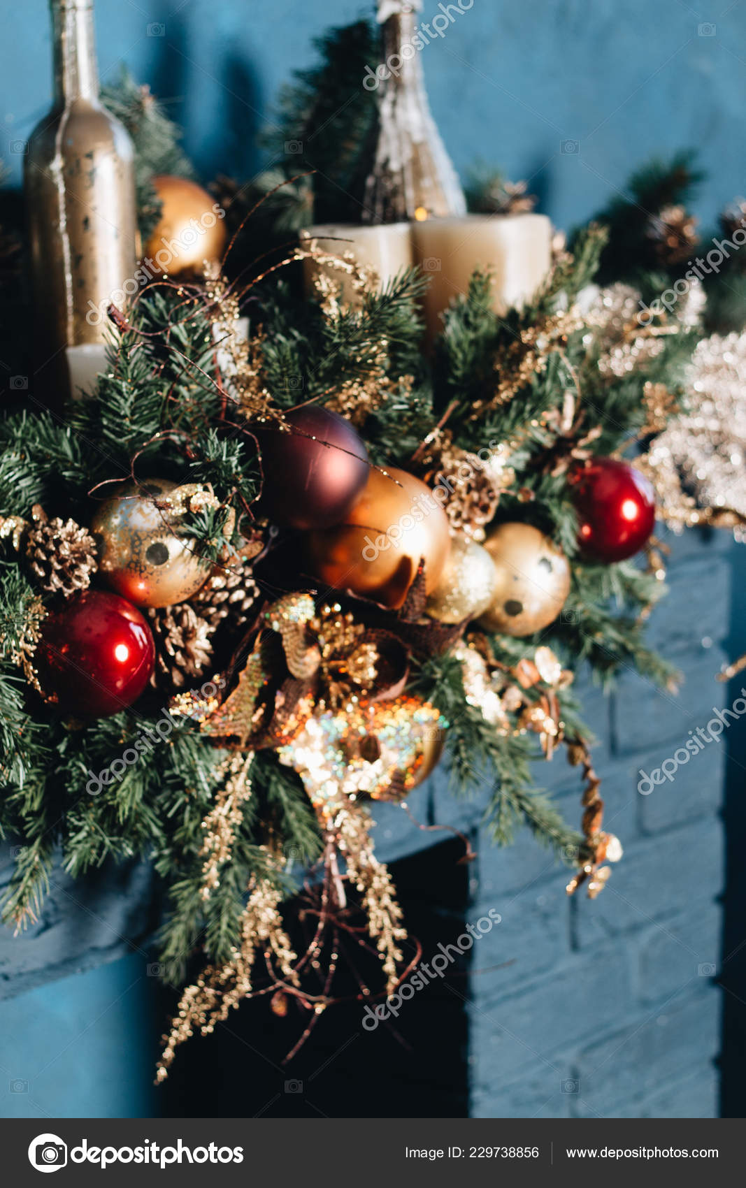 Christmas Decoration Pine Cones Glittering Balls Fireplace Stock