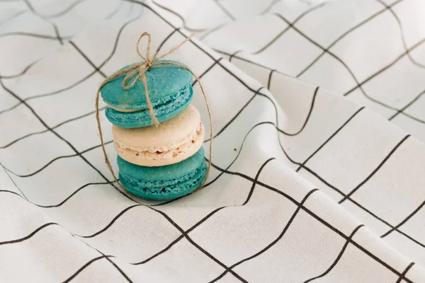 Composition Delicious Macaroons Table Cloth Sweet Dessert — Stock Photo, Image