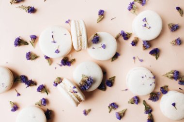 bileşimi lezzetli macaroons ve mor çiçekler