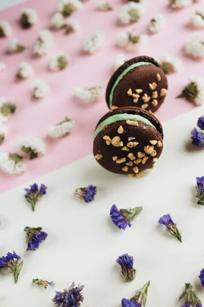 Композиция Вкусных Шоколадных Макарон Цветочных Лепестков — стоковое фото