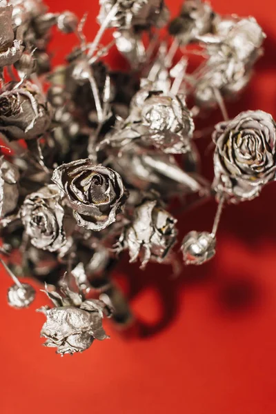 Christmas Decoration Silver Roses Red Background — Stock Photo, Image