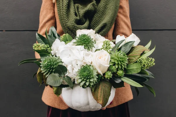 Woman Holding Beautiful Bouquet White Flowers Exotic Green Plants — Stock Photo, Image