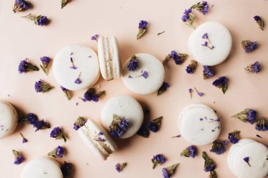 bileşimi lezzetli macaroons ve mor çiçekler