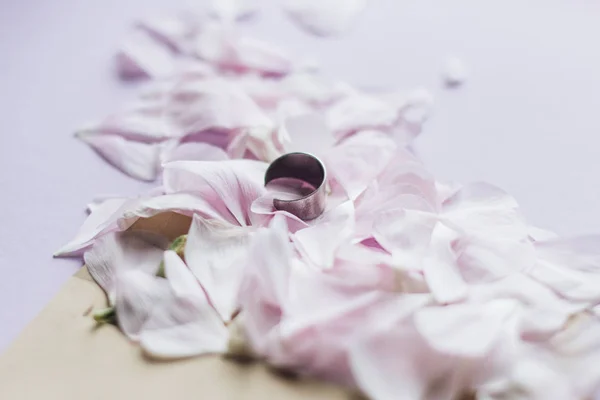 Pétalas Flores Rosa Concurso Anel Sobre Fundo Rosa — Fotografia de Stock