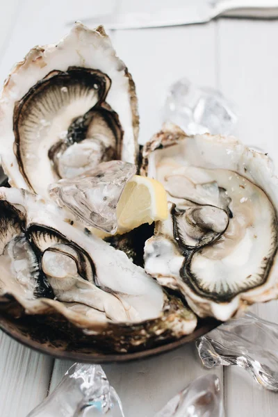 Köstliche Austern Mit Zitrone Meeresfrüchte Delikatesse — Stockfoto
