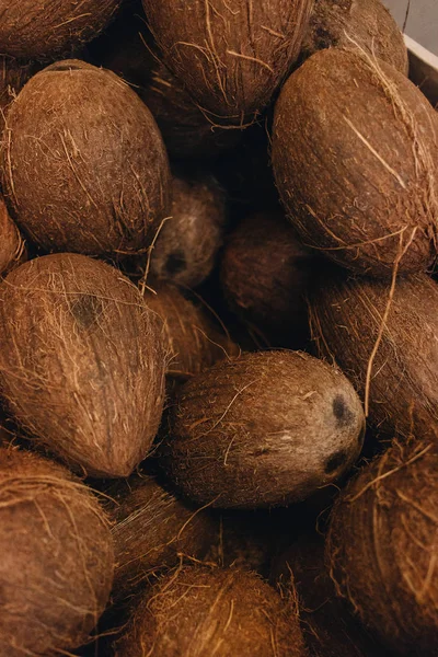 Högen Kokosnötter Tropiska Frukter Bakgrund — Stockfoto