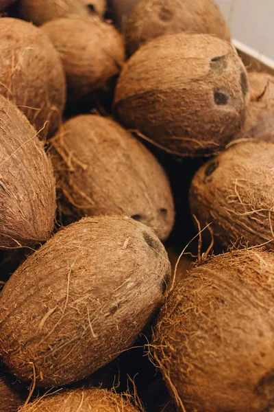 Högen Kokosnötter Tropiska Frukter Bakgrund — Stockfoto