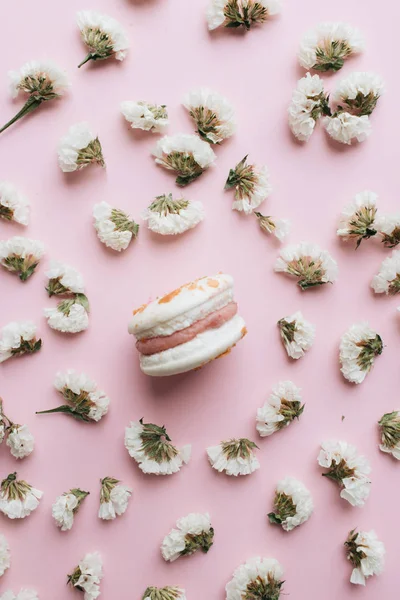 Composition Délicieux Macarons Fleurs Blanches — Photo