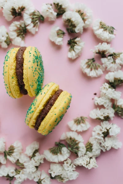 Composição Dois Deliciosos Macaroons Pétalas Florais — Fotografia de Stock